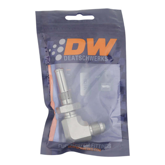 DeatschWerks - DeatschWerks 6AN Male Flare to 90-Degree 3/8in Single Hose Barb - Anodized DW Titanium - Demon Performance