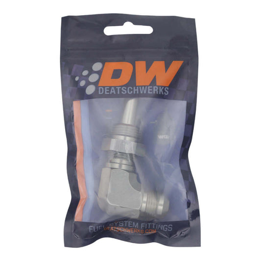 DeatschWerks - DeatschWerks 8AN Male Flare to 90-Degree 3/8in Single Hose Barb - Anodized DW Titanium - Demon Performance