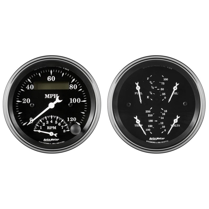 AutoMeter - Auto Meter Gauge Kit 2 pc. Quad & Tach/Speedo 3 3/8in Old Tyme Black - Demon Performance