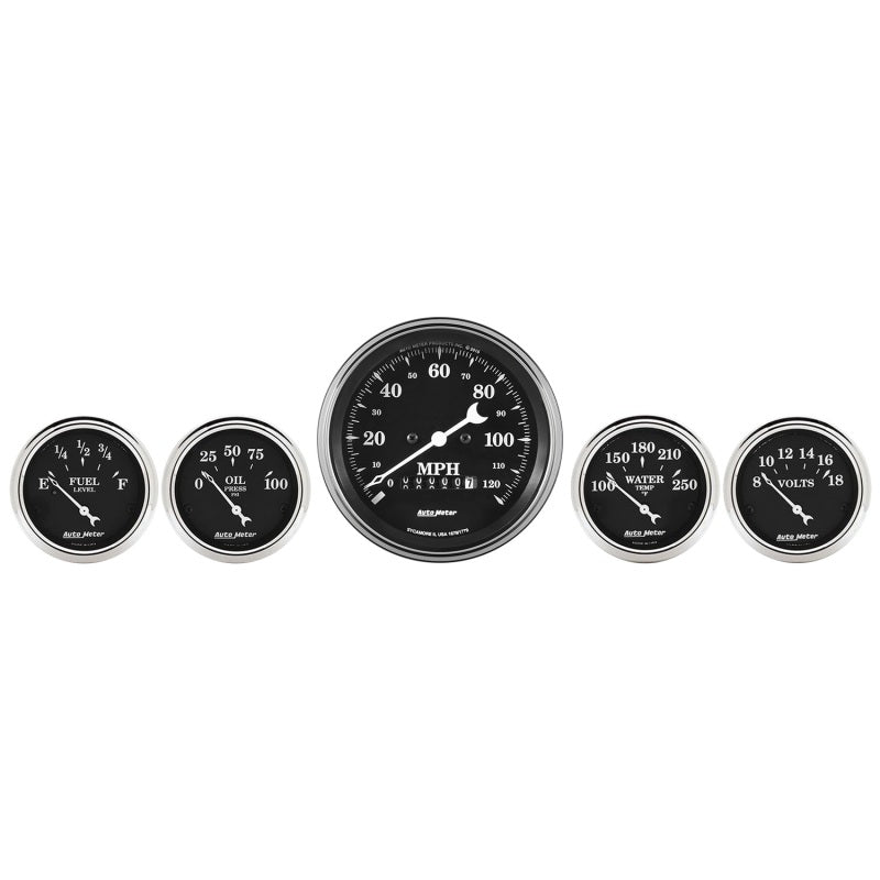 AutoMeter - Auto Meter Gauge Kit 5 pc. 3 3/8in & 2 1/16in Elec. Speedometer Old Tyme Black - Demon Performance