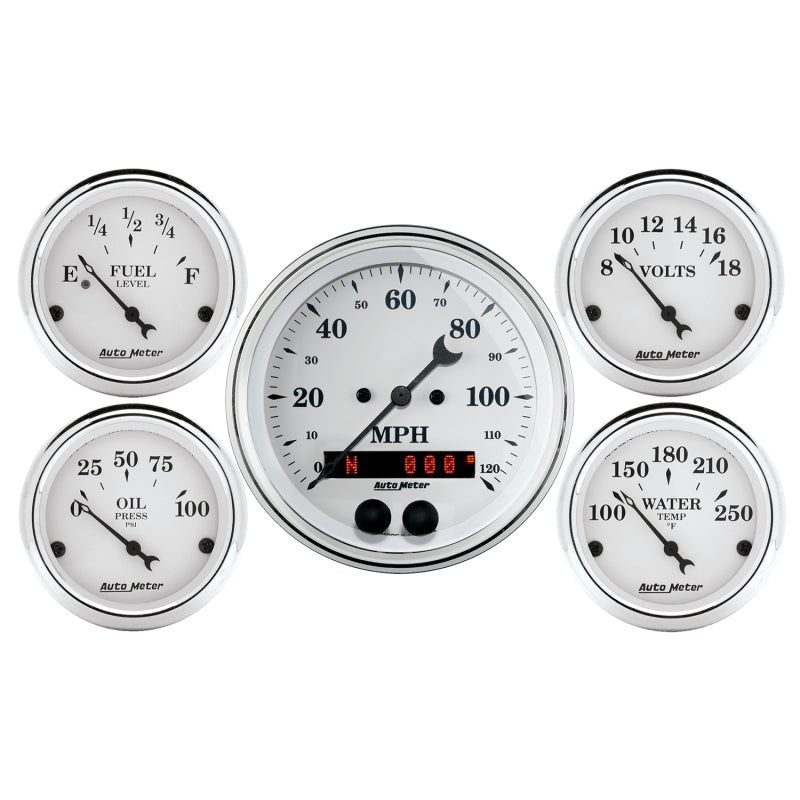 AutoMeter - Auto Meter Speedometer 3-3/8in and 2-1/16in 5 Piece Old Tyme White Gauge Kit - Demon Performance