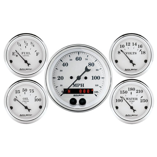 AutoMeter - Auto Meter Speedometer 3-3/8in and 2-1/16in 5 Piece Old Tyme White Gauge Kit - Demon Performance