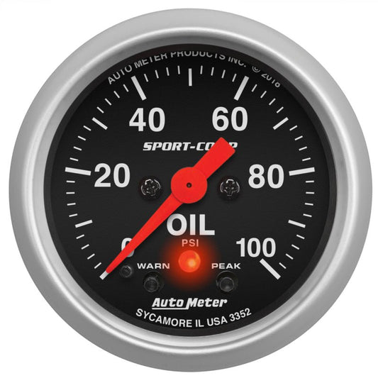 AutoMeter - Autometer 2-1/16in Oil Pressure w/Peak & Warn 0-100 PSI Stepper Motor Sport-Comp - Demon Performance