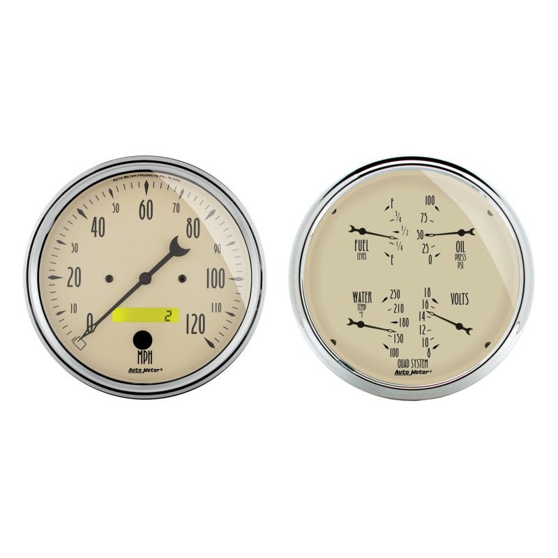 AutoMeter - Autometer 5 inch Antique Beige 2 Piece Gauge Kit - Quad & Speedometer - Demon Performance