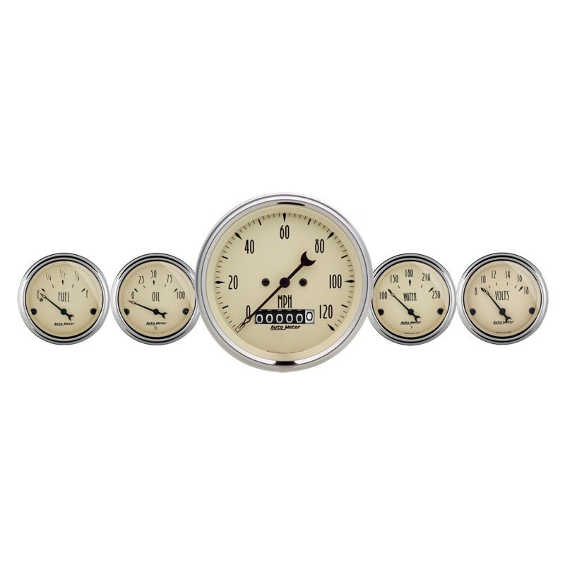 AutoMeter - Autometer Antique Beige 5 Piece Kit 3-3/8in & 2-1/16 Elec. Speedometer Gauges - Demon Performance