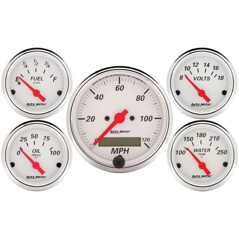 AutoMeter - Autometer Arctic White 5 Pc Kit Box w/ Elec Speedo, Elec Oil Press, Water Temp, Volt, Fuel Level - Demon Performance