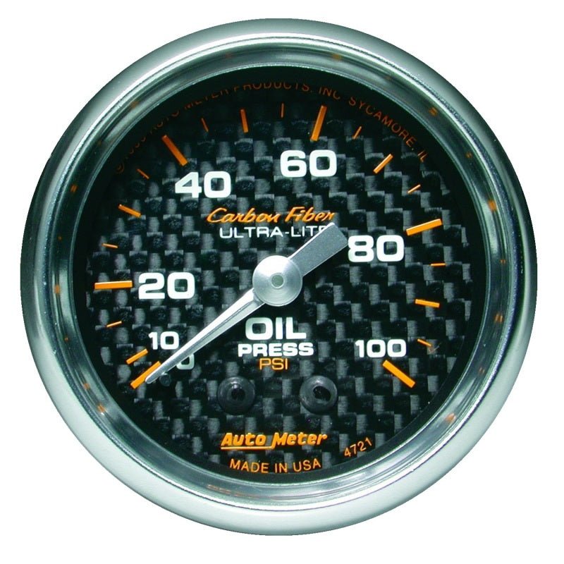 AutoMeter - Autometer Carbon Fiber 52mm 100 PSI Mechanical Oil Pressure Gauge - Demon Performance