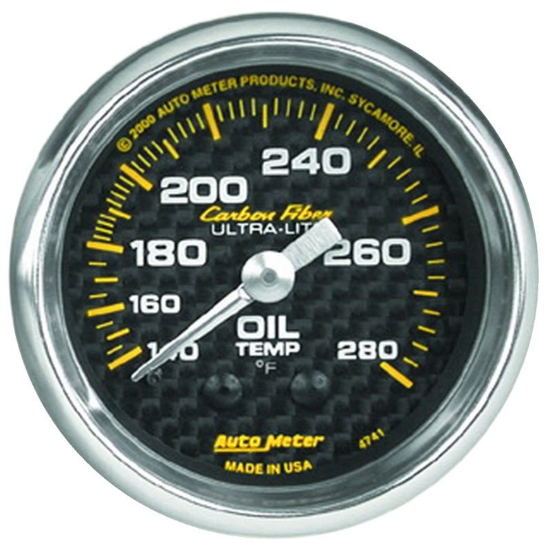 AutoMeter - Autometer Carbon Fiber 52mm 140-280 Deg F Mechanical Oil Temp Gauge - Demon Performance