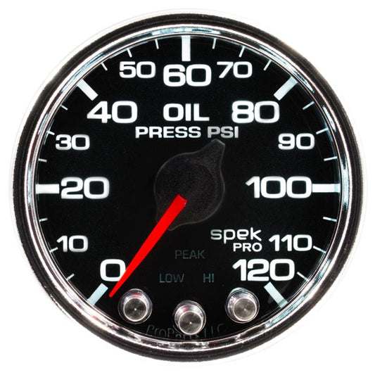 AutoMeter - Autometer Spek-Pro Gauge Oil Press 2 1/16in 120psi Stepper Motor W/Peak & Warn Blk/Chrm - Demon Performance