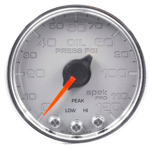 AutoMeter - Autometer Spek-Pro Gauge Oil Press 2 1/16in 120psi Stepper Motor W/Peak & Warn Slvr/Chrm - Demon Performance