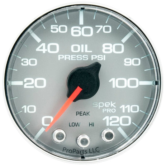 AutoMeter - Autometer Spek-Pro Gauge Oil Press 2 1/16in 120psi Stepper Motor W/Peak & Warn Slvr/Chrm - Demon Performance