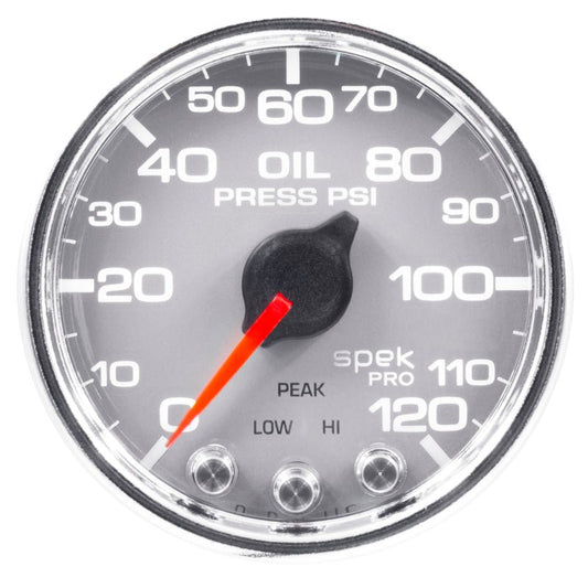 AutoMeter - Autometer Spek-Pro Gauge Oil Press 2 1/16in 120psi Stepper Motor W/Peak & Warn Slvr/Chrm - Demon Performance