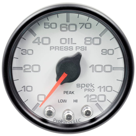 AutoMeter - Autometer Spek-Pro Gauge Oil Press 2 1/16in 120psi Stepper Motor W/Peak & Warn Wht/Blk - Demon Performance