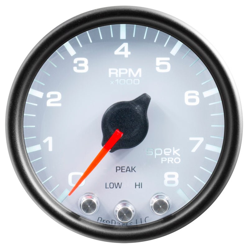 AutoMeter - Autometer Spek-Pro Gauge Tach 2 1/16in 8K Rpm W/ Shift Light & Peak Mem Wht/Blk - Demon Performance