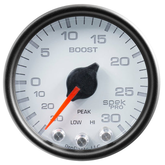 AutoMeter - Autometer Spek-Pro Gauge Vac/Boost 2 1/16in 30Inhg-30psi Stepper Motor W/Peak & Warn White/Black - Demon Performance