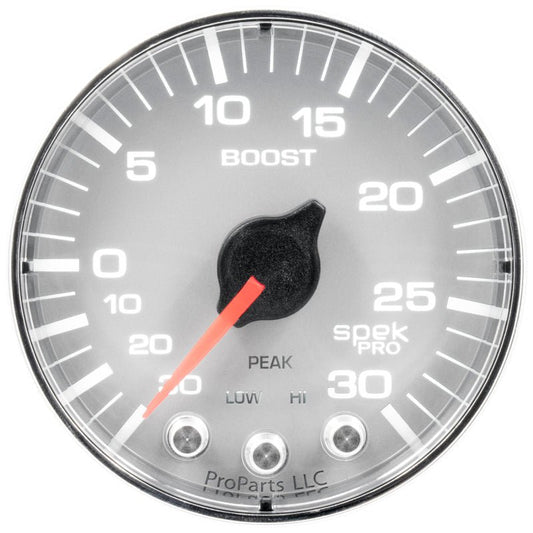 AutoMeter - Autometer Spek-Pro Gauge Vac/Boost 2 1/16in 30Inhg-30psi Stepper Motor W/Peak & WarnSilver/Chrome - Demon Performance