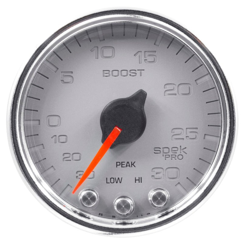 AutoMeter - Autometer Spek-Pro Gauge Vac/Boost 2 1/16in 30Inhg-30psi Stepper Motor W/Peak & WarnSilver/Chrome - Demon Performance