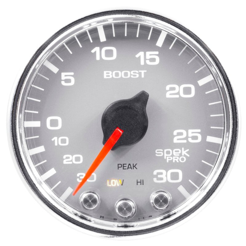 AutoMeter - Autometer Spek-Pro Gauge Vac/Boost 2 1/16in 30Inhg-30psi Stepper Motor W/Peak & WarnSilver/Chrome - Demon Performance