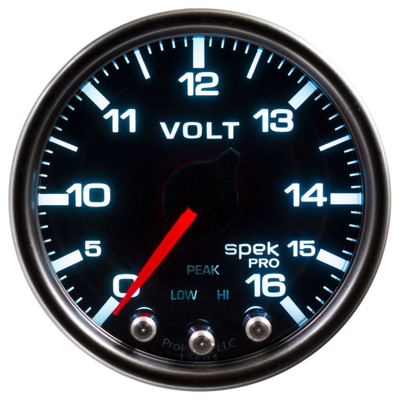 AutoMeter - Autometer Spek-Pro Gauge Voltmeter 2 1/16in 16V Stepper Motor W/Peak & Warn Blk/Smoke/Blk - Demon Performance