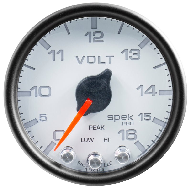 AutoMeter - Autometer Spek-Pro Gauge Voltmeter 2 1/16in 16V Stepper Motor W/Peak & Warn Wht/Blk - Demon Performance