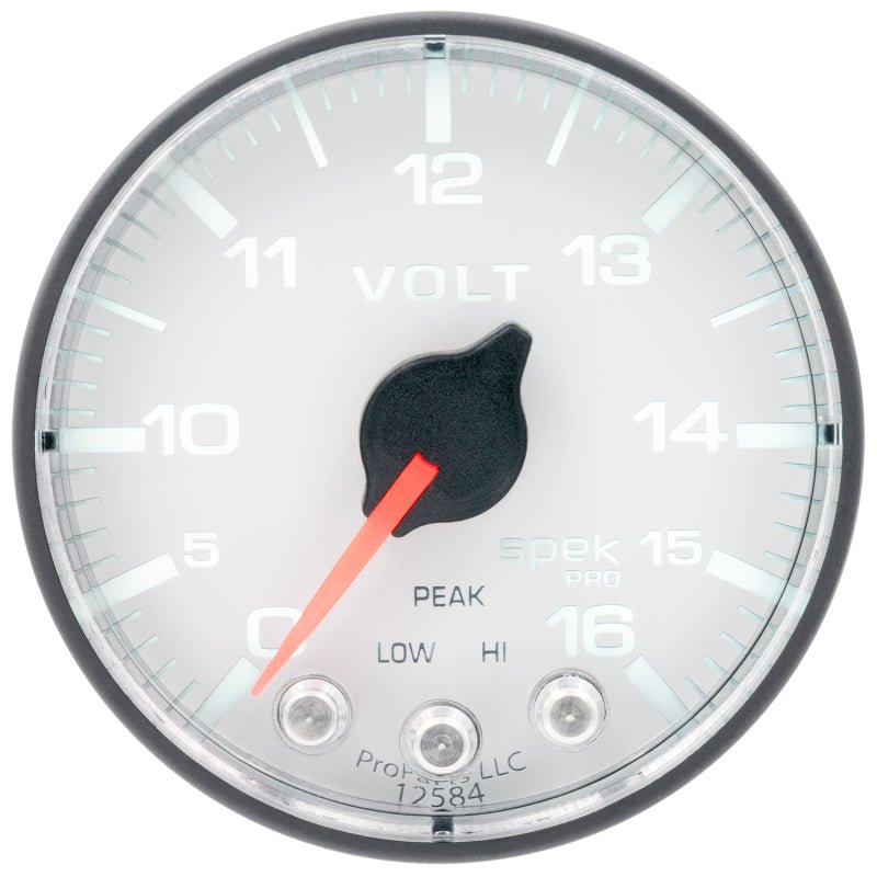 AutoMeter - Autometer Spek-Pro Gauge Voltmeter 2 1/16in 16V Stepper Motor W/Peak & Warn Wht/Blk - Demon Performance