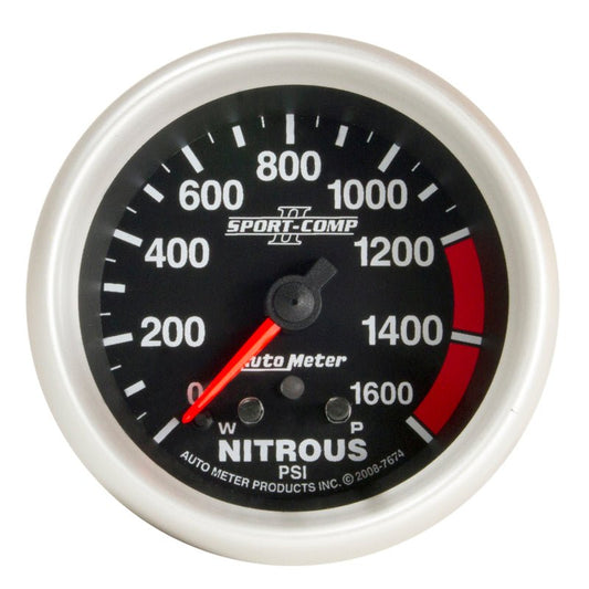 AutoMeter - Autometer Sport-Comp II Pro Control 2-5/8in 1600 PSI Nitrous Pressure Gauge w/ Peak and Warn - Demon Performance