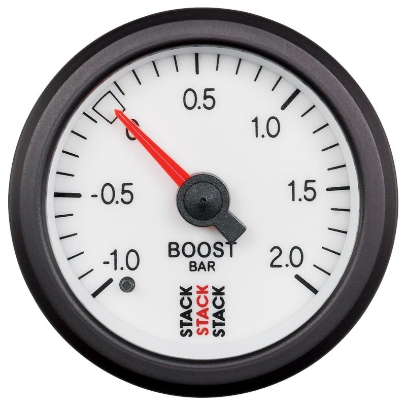 AutoMeter - Autometer Stack 52mm -1 to +2 Bar T-Fitting 0.187in Barb (M) Mechanical Boost Pressure Gauge - White - Demon Performance