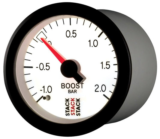 AutoMeter - Autometer Stack 52mm -1 to +2 Bar T-Fitting 0.187in Barb (M) Mechanical Boost Pressure Gauge - White - Demon Performance