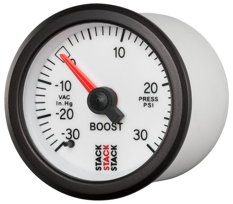 AutoMeter - Autometer Stack 52mm -30INHG to +30 PSI (Incl T-Fitting) Mechanical Boost Pressure Gauge - White - Demon Performance