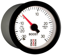 AutoMeter - Autometer Stack 52mm -30INHG to +30 PSI (Incl T-Fitting) Mechanical Boost Pressure Gauge - White - Demon Performance