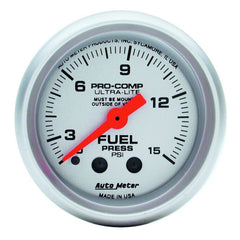 AutoMeter - Autometer Ultra-Lite 2-1/16in 0-15 PSI Mechanical Fuel-Pressure Gauge w/ Isolator - Demon Performance