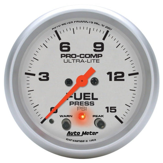 AutoMeter - Autometer Ultra-Lite 66.7mm Full Sweep Elec 0-15 PSI Fuel Pressure w/ Peak Memory & Warning Gauge - Demon Performance