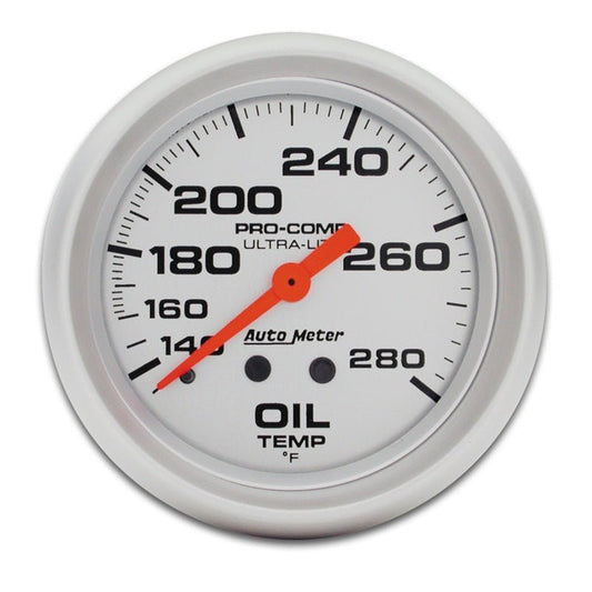 AutoMeter - Autometer Ultra-Lite 66.7mm Mechanical 140-280 Degree F Oil Temperature Gauge w/ 6in Tubing - Demon Performance