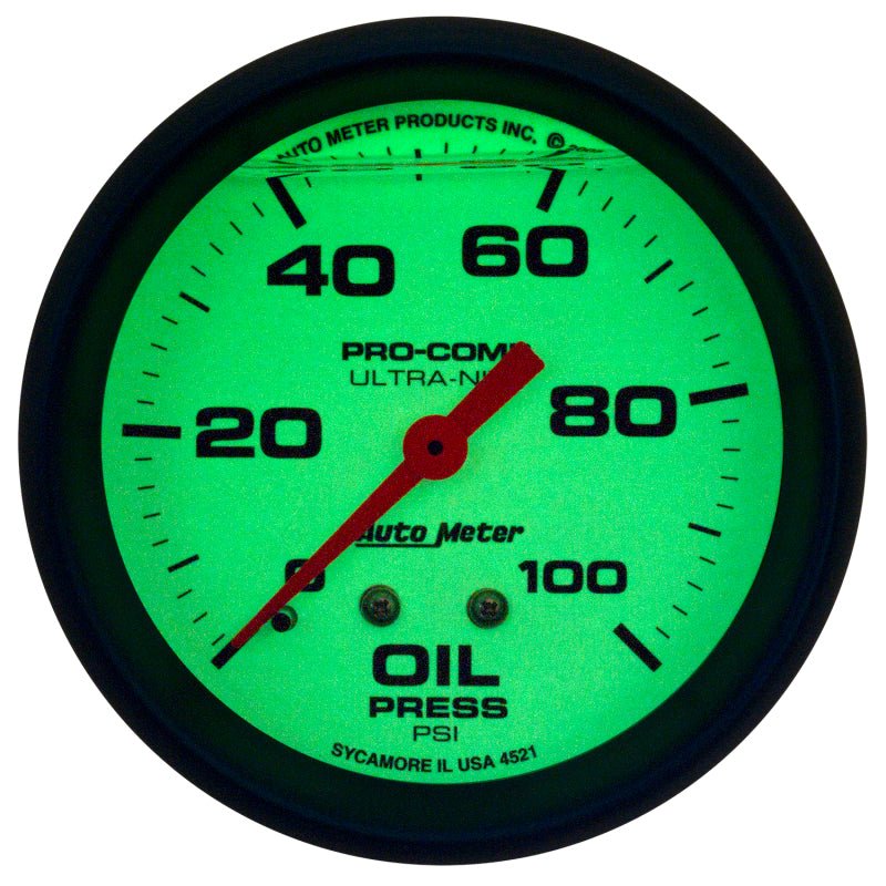 AutoMeter - Autometer Ultra-Nite 2-5/8in 0-100 PSI Liquid Filled Mechanical Glow In Dark Oil Pressure Gauge - Demon Performance