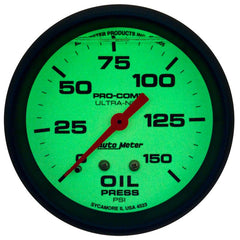 AutoMeter - Autometer Ultra-Nite 2-5/8in 0-150 PSI Liquid Filled Mechanical Glow In Dark Oil Pressure Gauge - Demon Performance