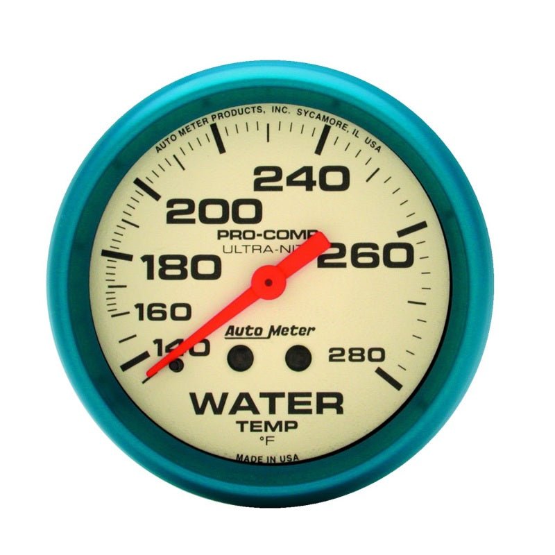 AutoMeter - Autometer Ultra-Nite 2-5/8in 140-280 Deg F Mechanical Glow In The Dark Water Temp Gauge - Demon Performance