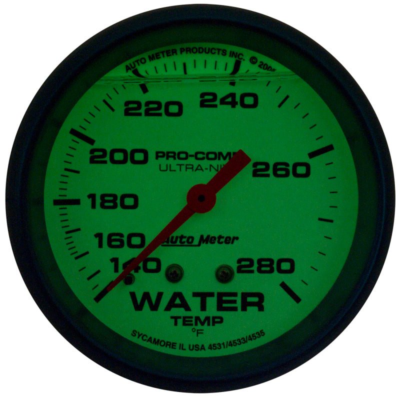 AutoMeter - Autometer Ultra-Nite 2-5/8in 140-280 Degree Liquid Filled Mechanical Glow In Dark Water Temp Gauge - Demon Performance