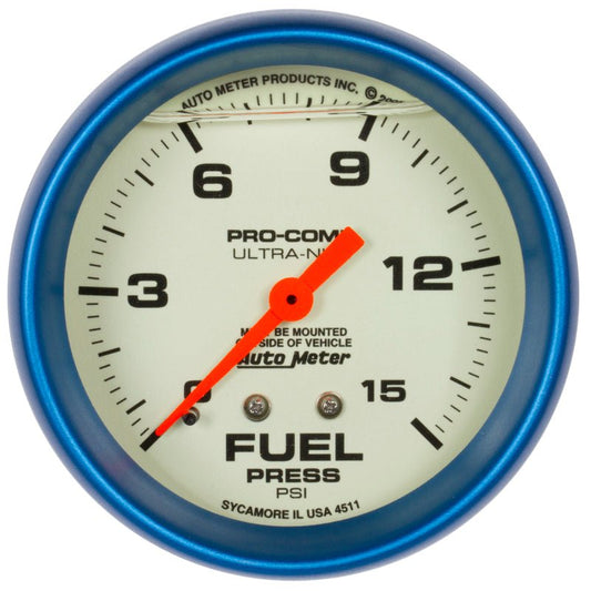 AutoMeter - Autometer Ultra-Nite 2-5/8in 15psi Mechanical Glow In The Dark Fuel Pressure Gauge - Demon Performance