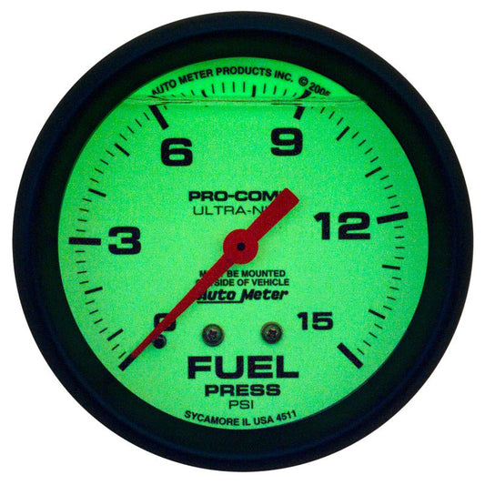 AutoMeter - Autometer Ultra-Nite 2-5/8in 15psi Mechanical Glow In The Dark Fuel Pressure Gauge - Demon Performance