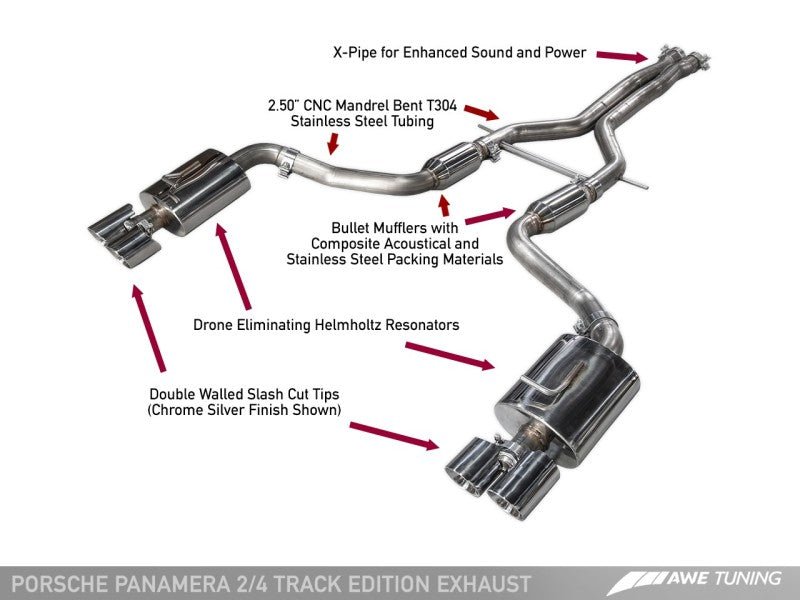 AWE Tuning - AWE Tuning Panamera 2/4 Track Edition Exhaust (2014+) - w/Chrome Silver Tips - Demon Performance